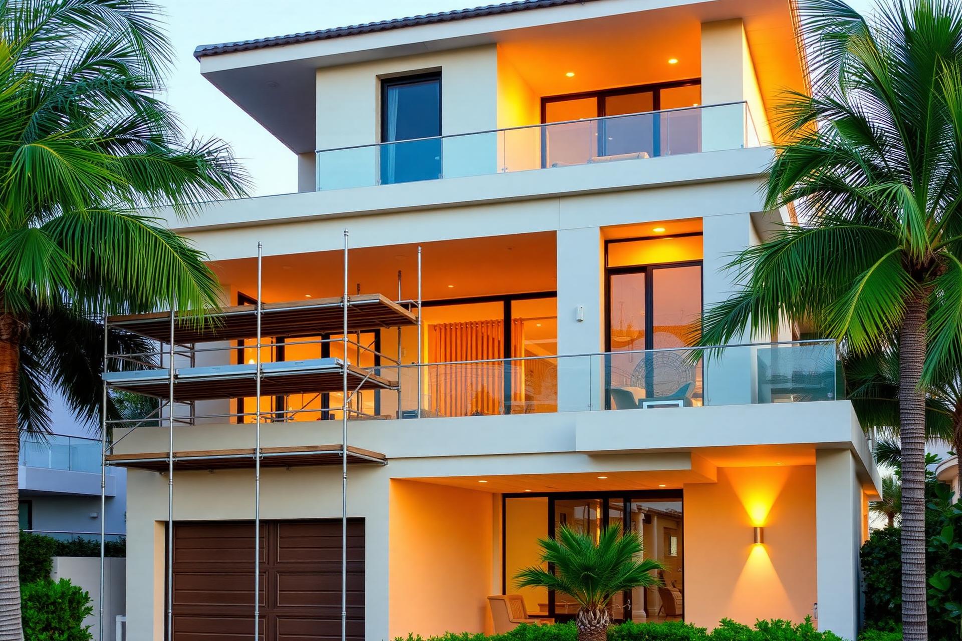 Luxury home addition under construction in Delray Beach, Florida with scaffolding and coastal architecture
