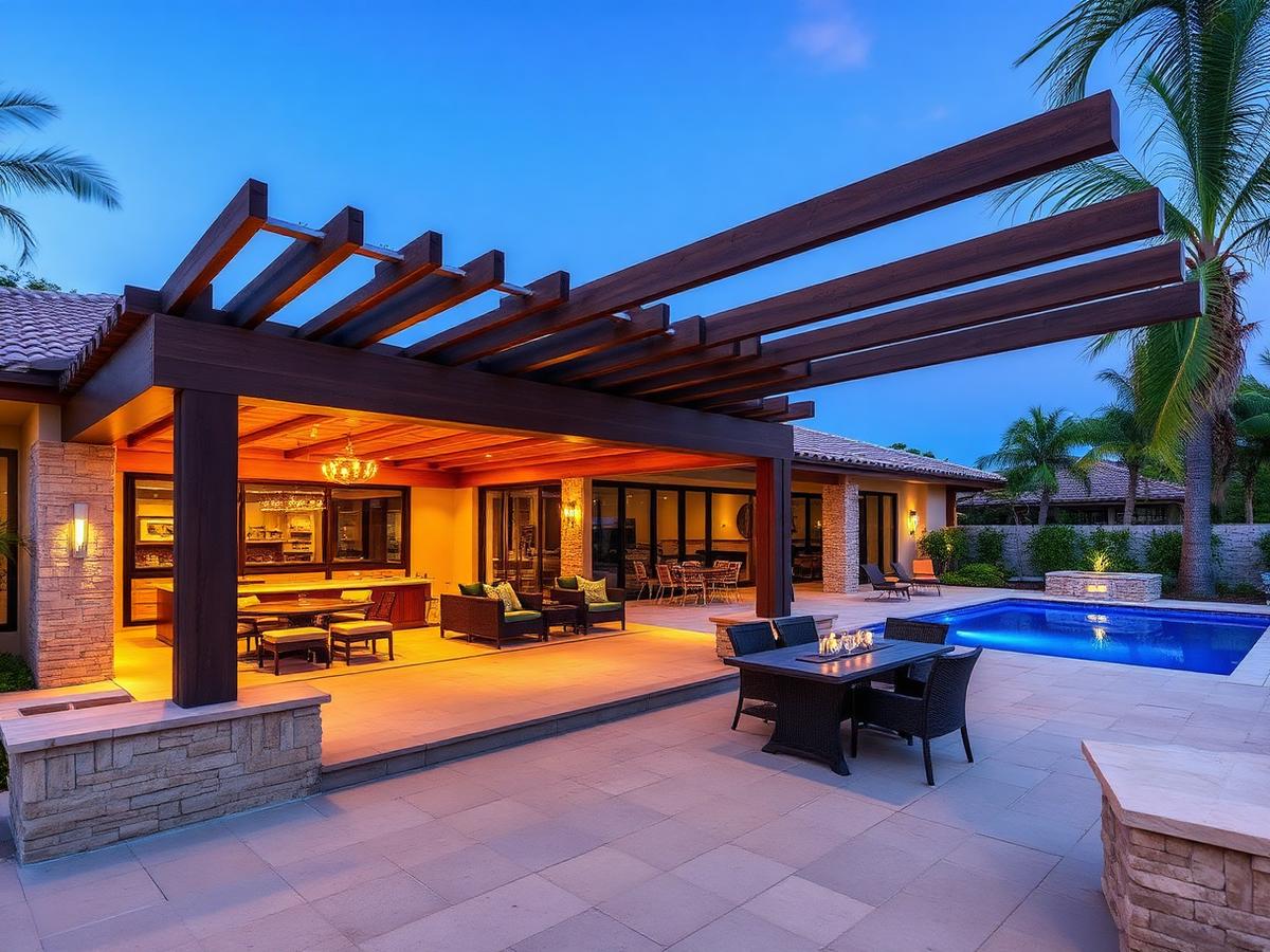 Covered pergola and outdoor kitchen built for year-round entertaining in West Delray